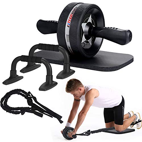 EnterSports AB Wheel Roller, 6-in-1 Exercise Roller Wheel Kit with Knee Pad, Resistance Bands, Pad Push Up Bars Handles Grips , Perfect Home Gym Equipment for Men Women Abdominal Roller